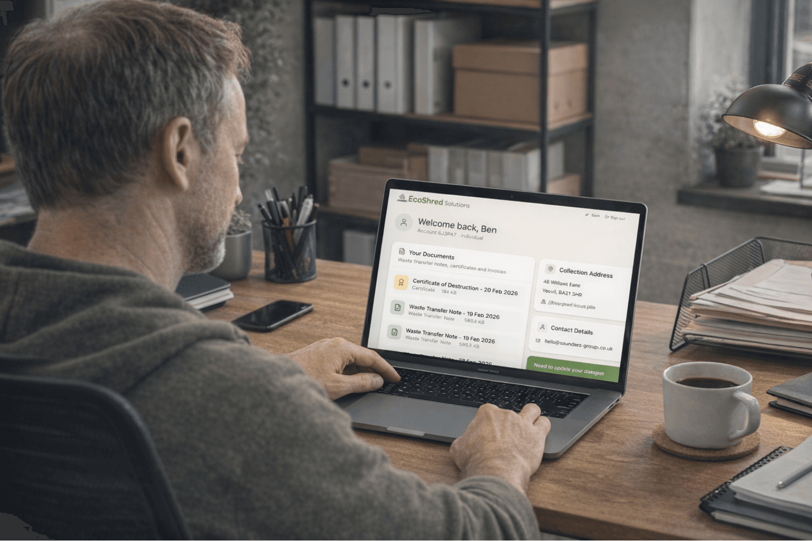 Waste management customer portal showing digital waste transfer notes, certificates of destruction and collection history