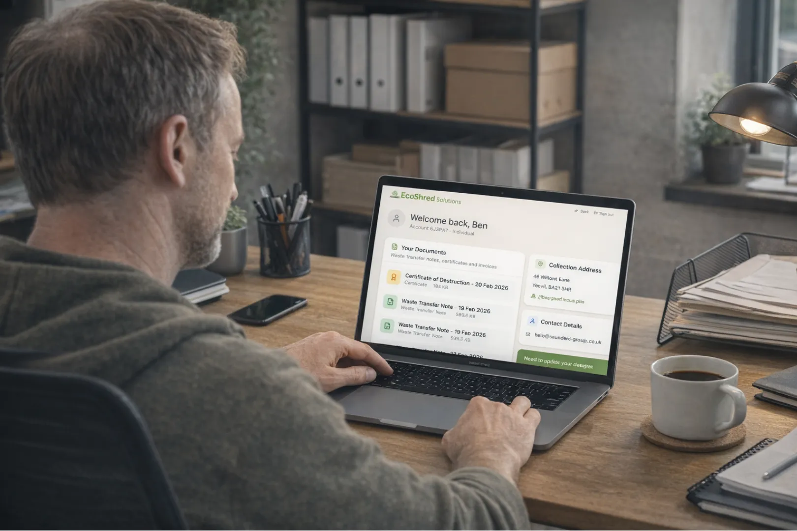 Waste management customer portal showing digital waste transfer notes, certificates of destruction and collection history
