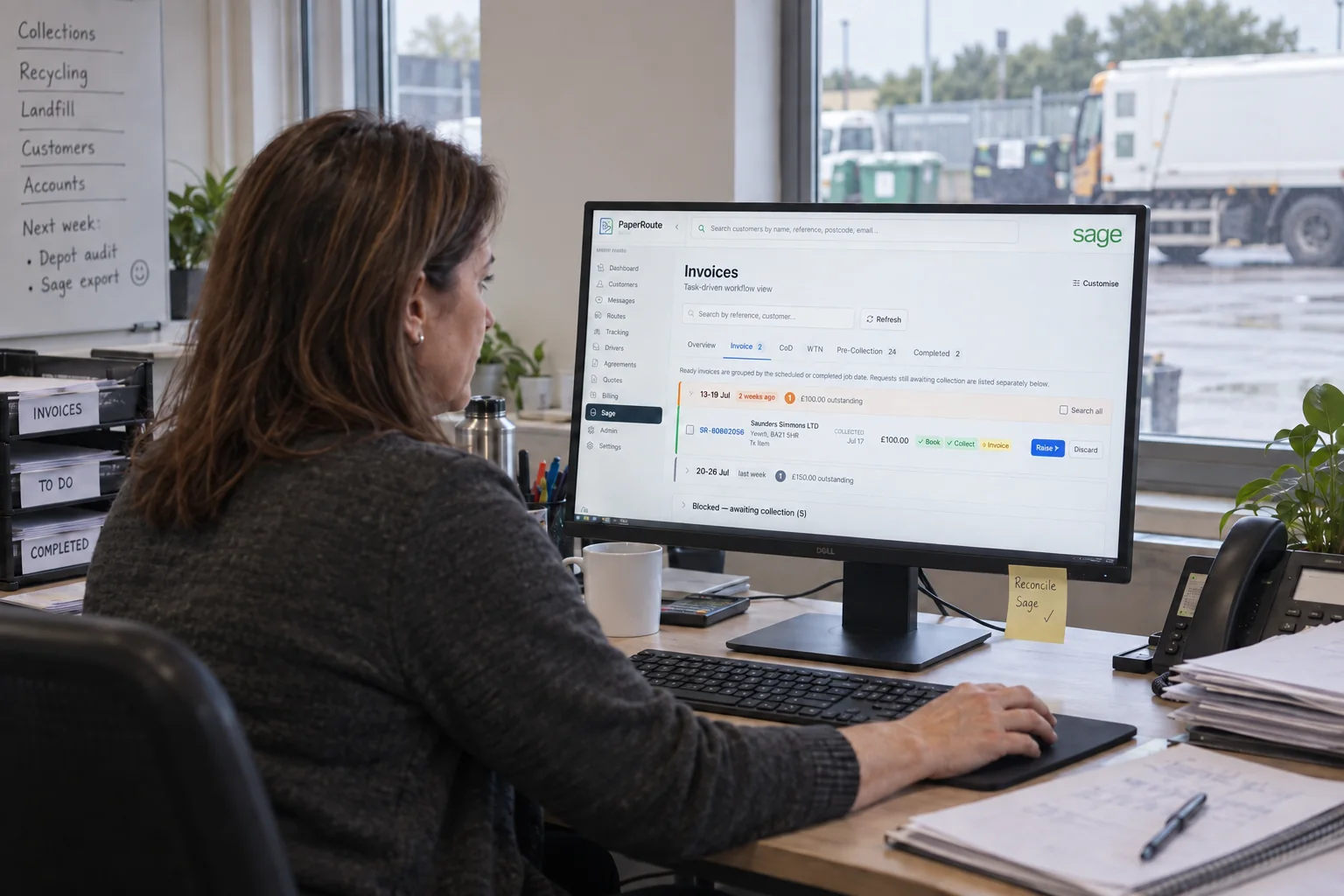 PaperRoute Sage Cloud accounting integration showing waste management invoicing with self-bill purchase invoices