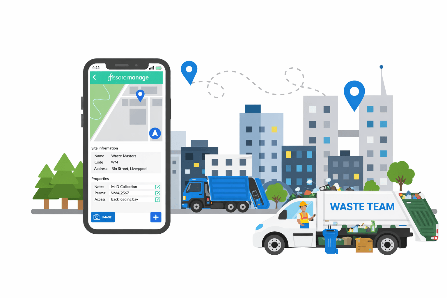 PaperRoute waste collection route planning software showing truck-safe routing, site information and optimised driver routes