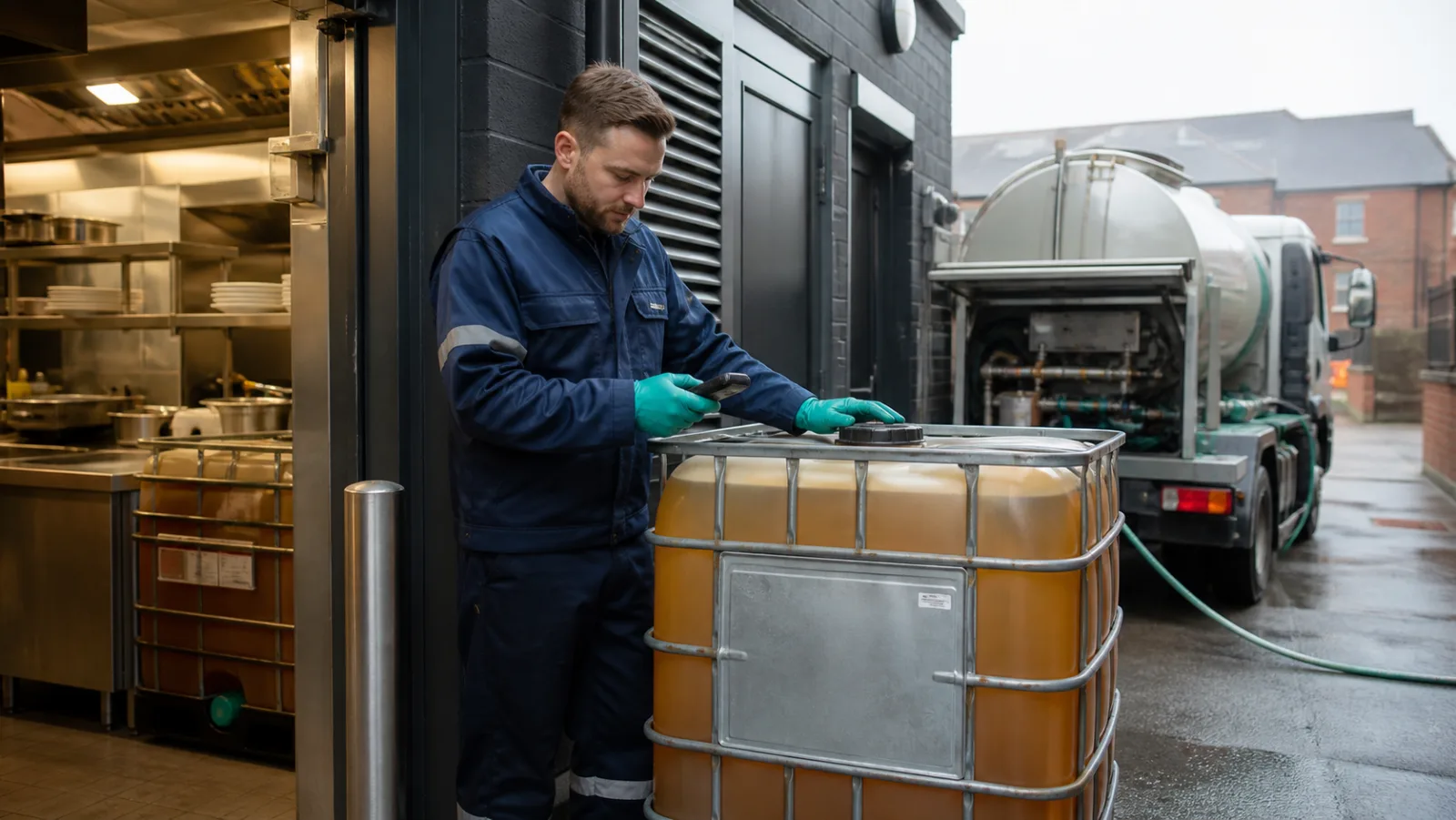 Used cooking oil collection driver recording a sealed restaurant oil container beside a tanker
