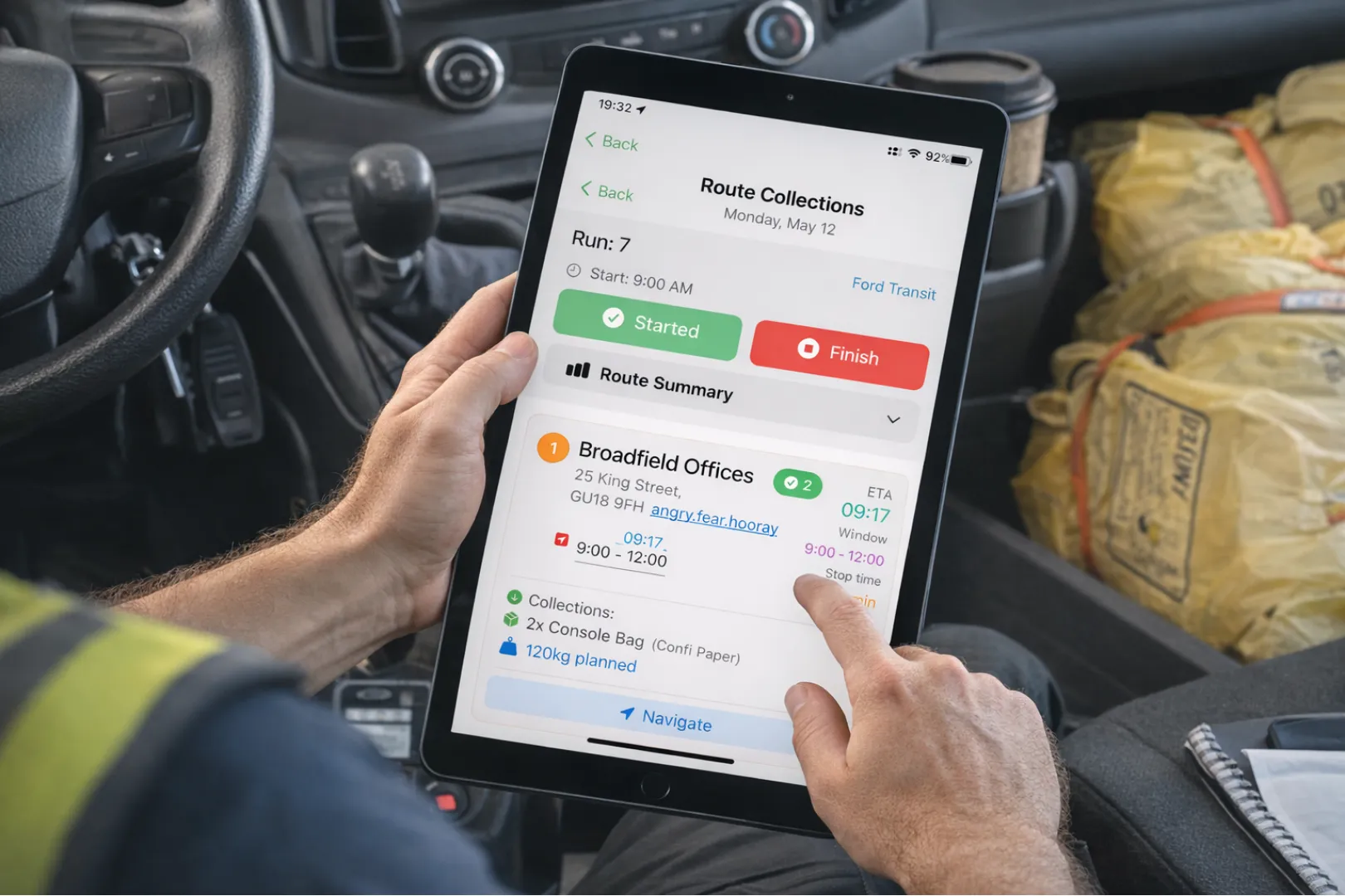 Offline-first waste collection driver app showing PaperRoute on tablet with cached routes and WTN generation